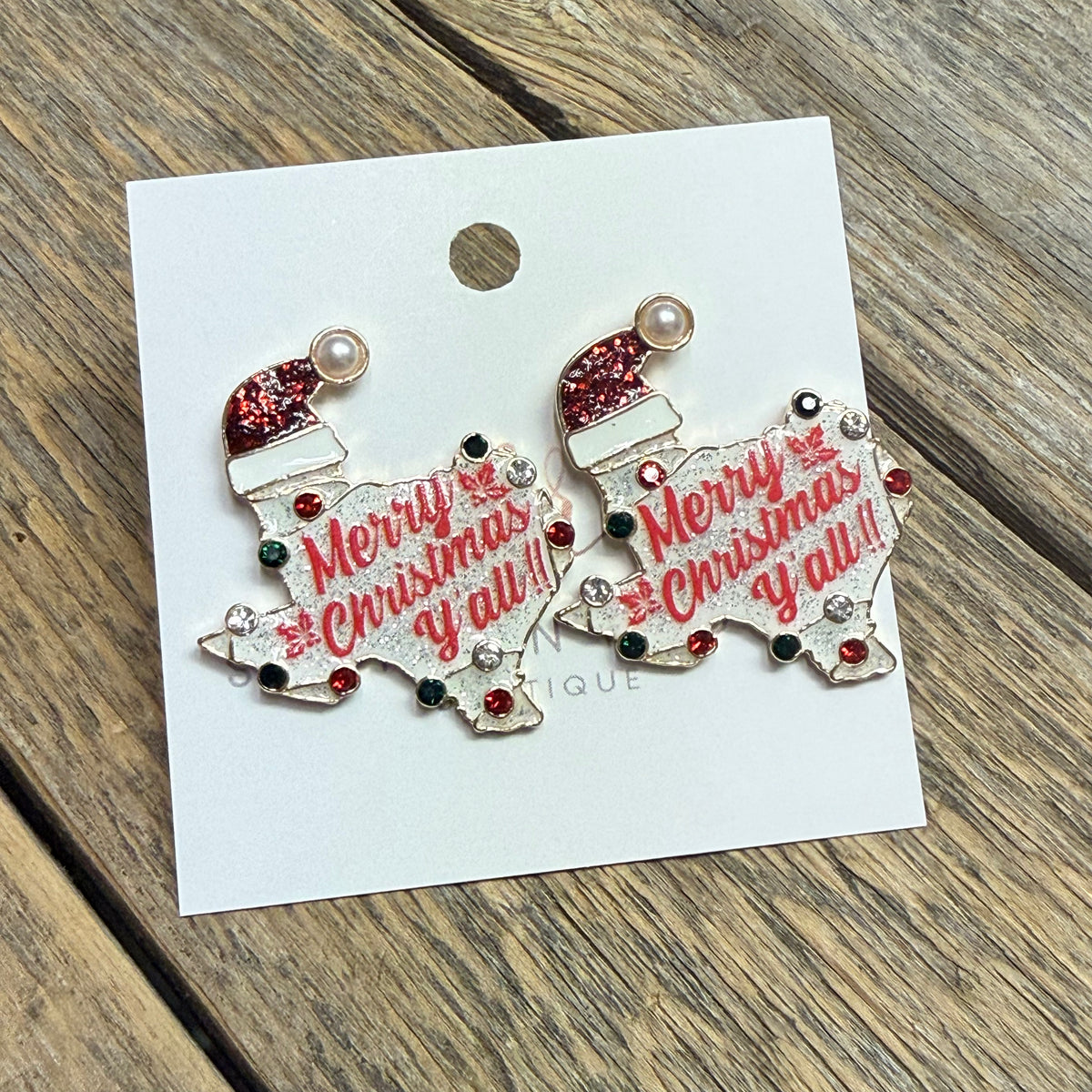 Merry Christmas Y'all Texas Earrings | White
