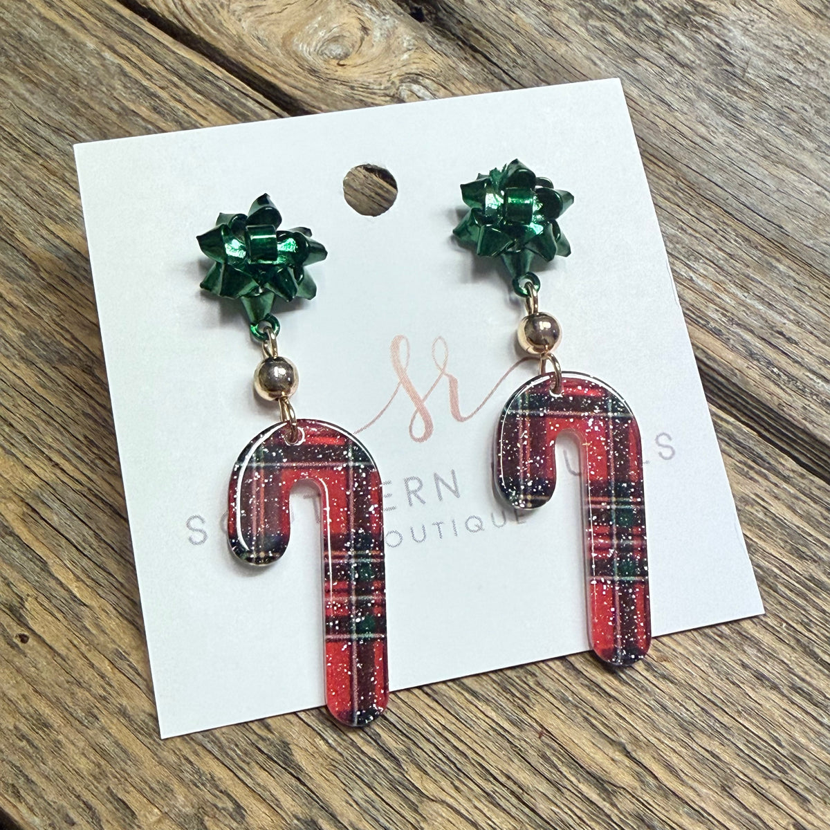 Plaid Candy Cane Acrylic Earrings | Red/Green