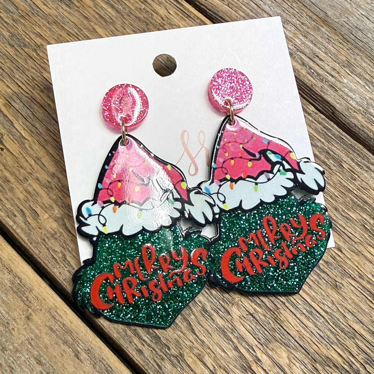 Grinch Merry Christmas Glitter Acrylic Earrings | Green/Pink