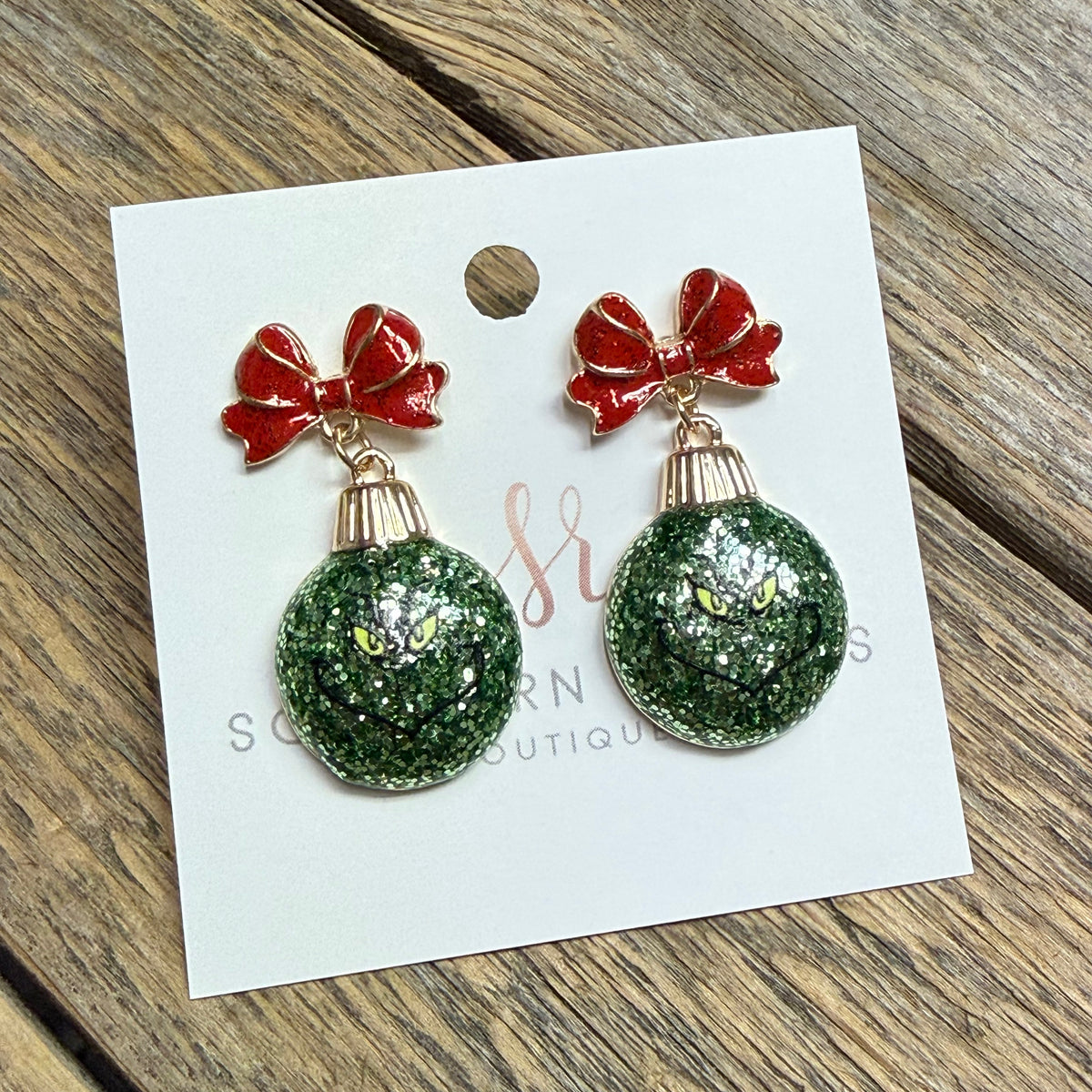 Grinch Face Ornament Glitter Earrings | Green/Red