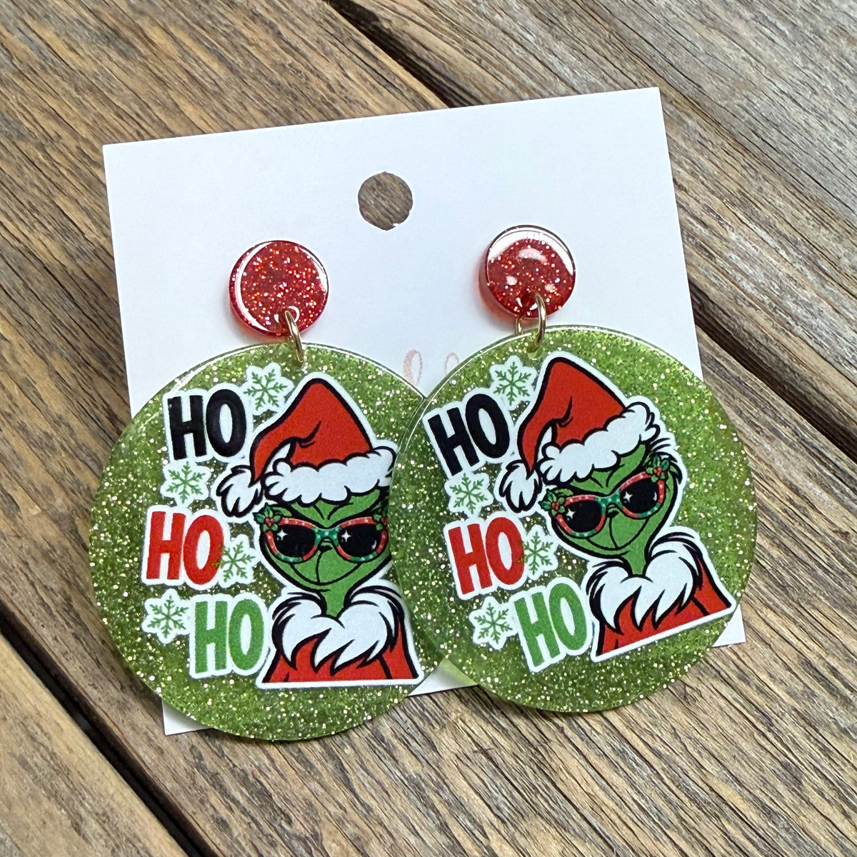 Grinch Ho Ho Ho Acrylic Earrings | Green/Red