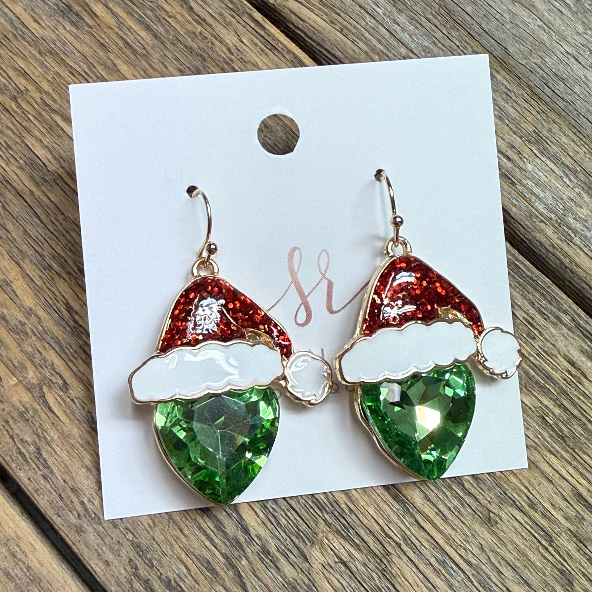 Grinch Beveled Gem Santa Earrings | Green/Red