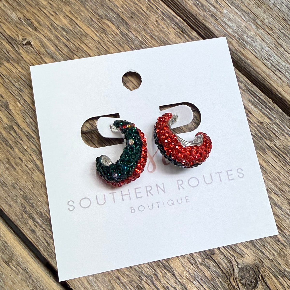 Crystal Shimmer Huggie Earrings | Red/Green