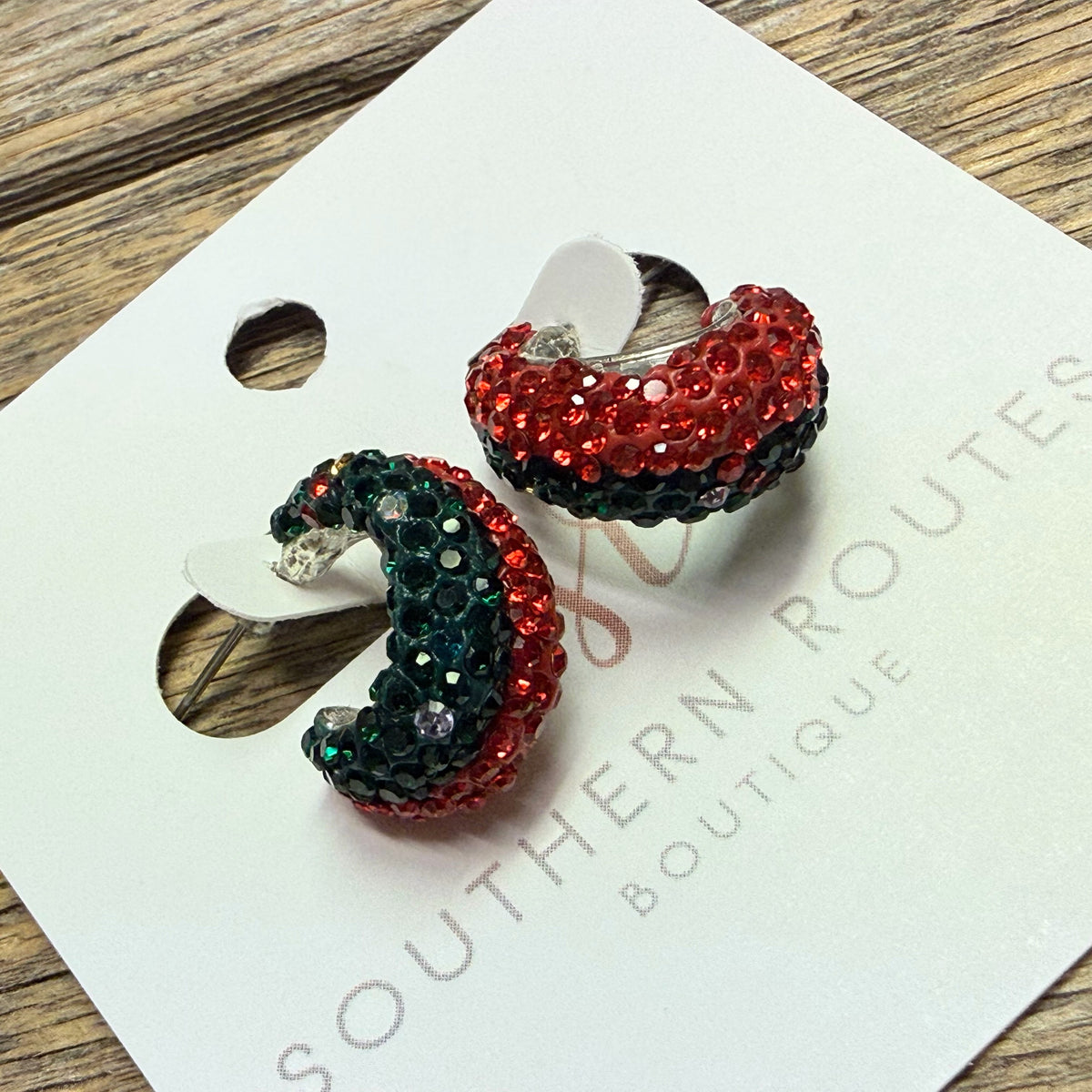 Crystal Shimmer Huggie Earrings | Red/Green