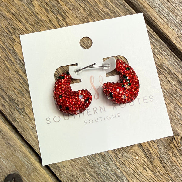 Festive Crystal Bling Huggie Drop Earrings | Red