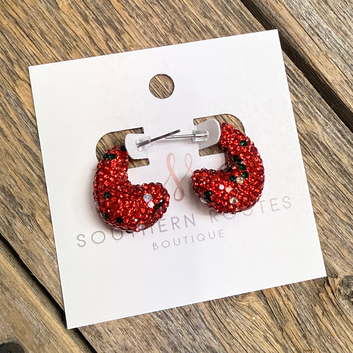 Festive Crystal Bling Huggie Drop Earrings | Red