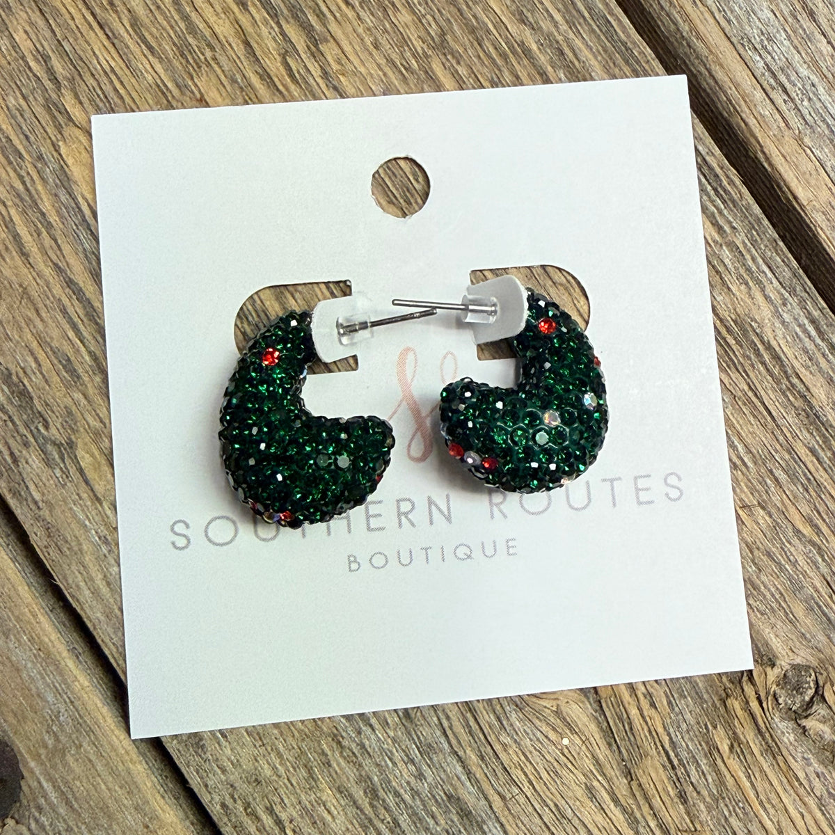 Festive Crystal Bling Huggie Drop Earrings | Green