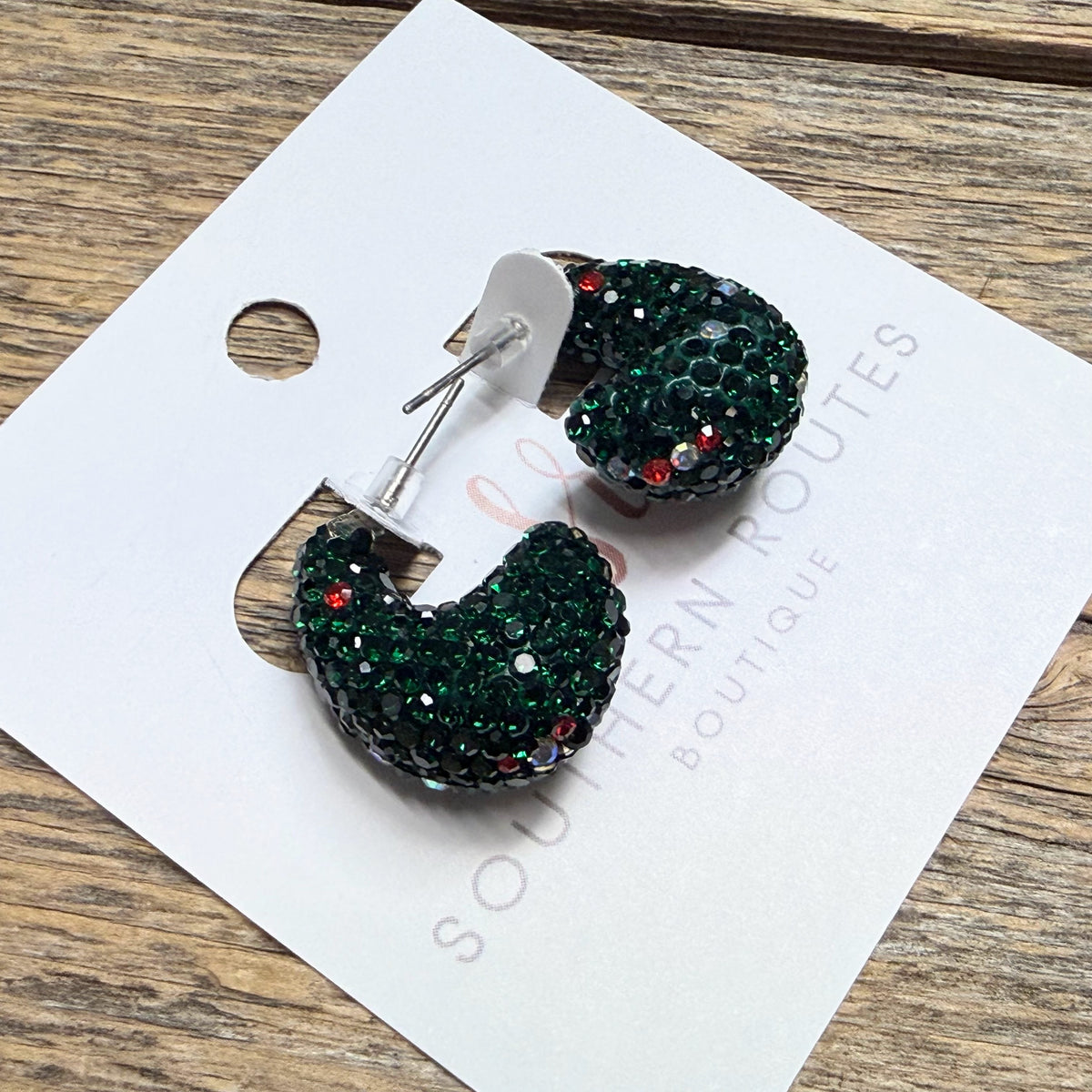 Festive Crystal Bling Huggie Drop Earrings | Green
