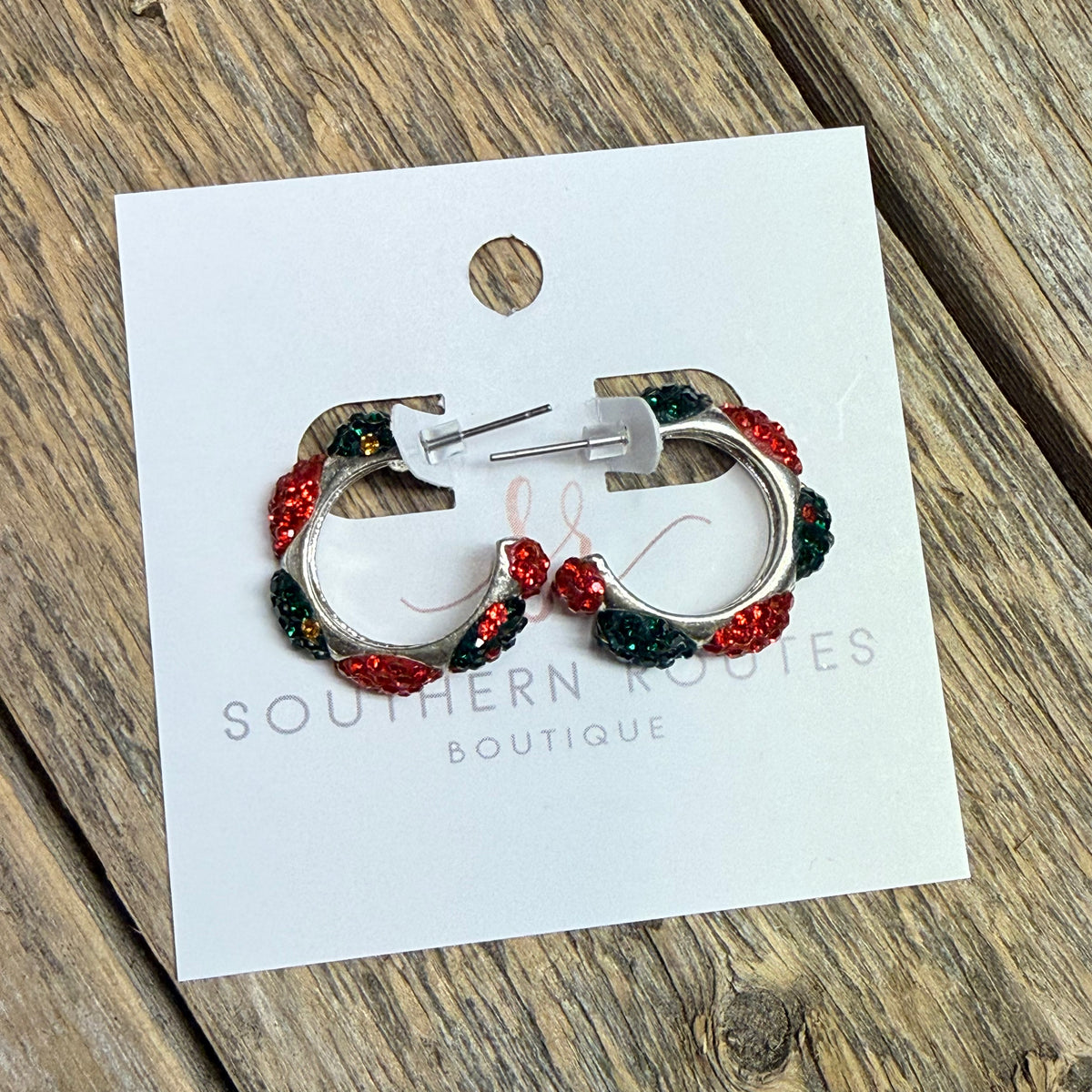 Festive Crystal Bling Huggie Earrings | Red/Green