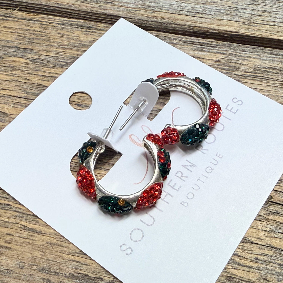 Festive Crystal Bling Huggie Earrings | Red/Green
