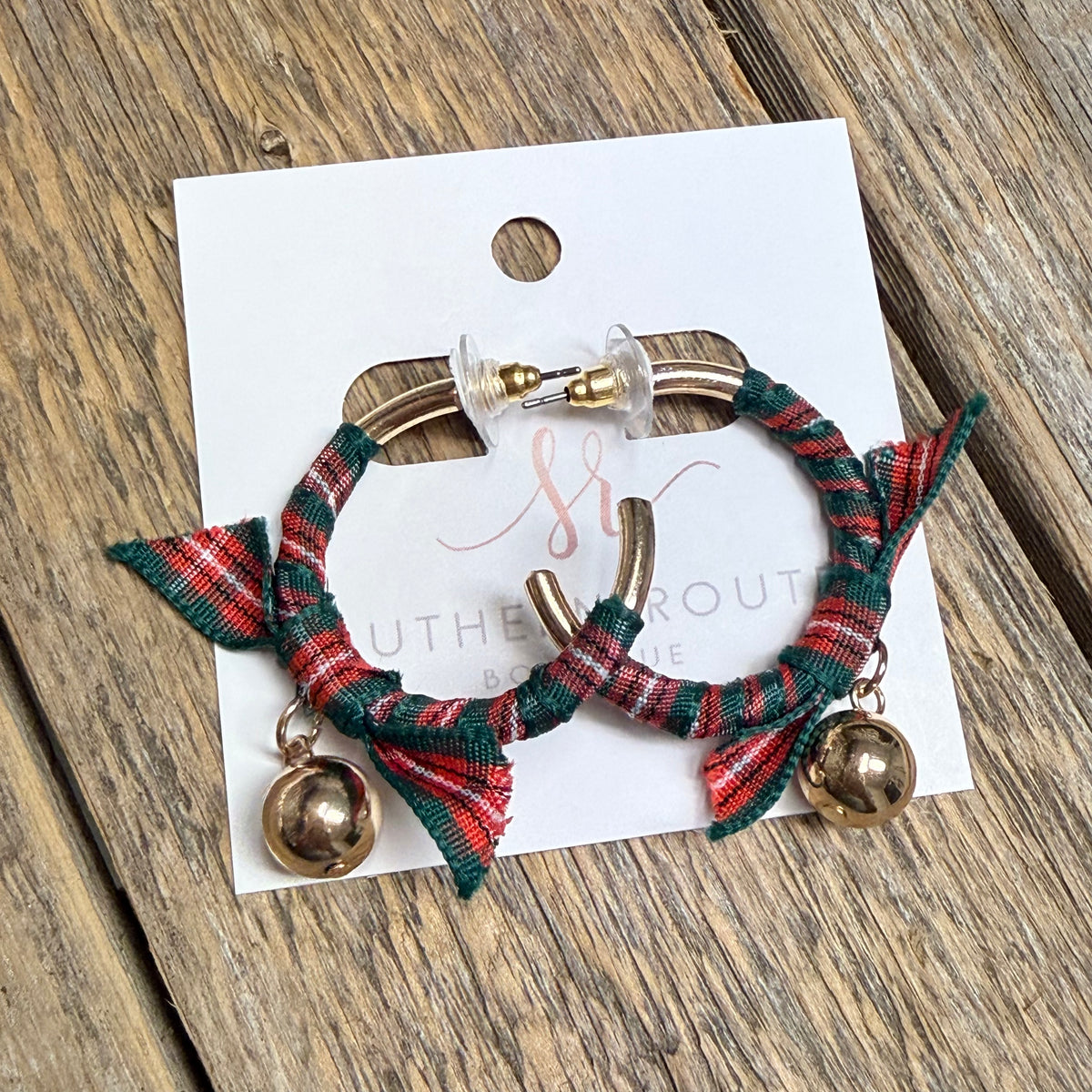 Fabric Wrapped Jingle Bell Hoop Earrings | Christmas Plaid