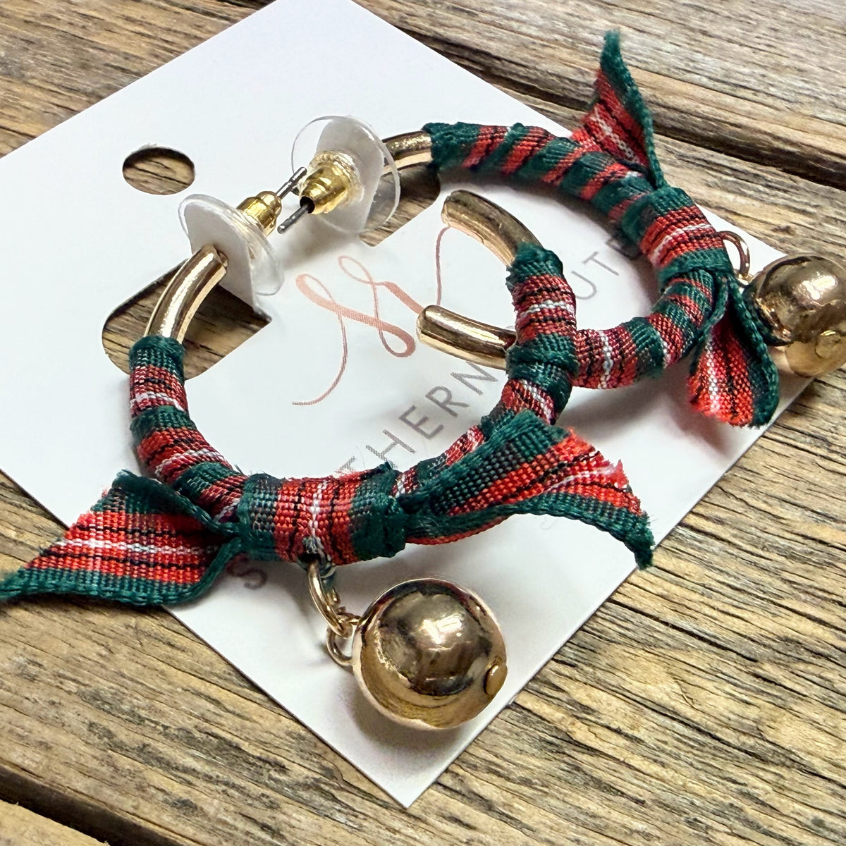 Fabric Wrapped Jingle Bell Hoop Earrings | Christmas Plaid