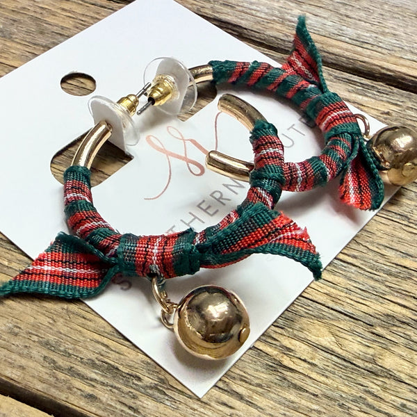 Fabric Wrapped Jingle Bell Hoop Earrings | Christmas Plaid
