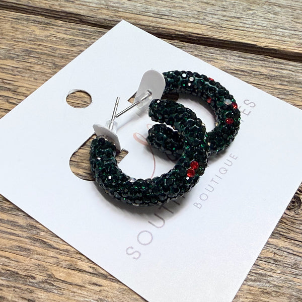 Festive Crystal Bling Huggie Earrings | Green