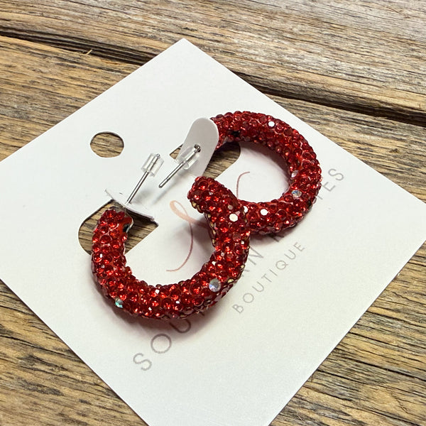 Festive Crystal Bling Huggie Earrings | Red