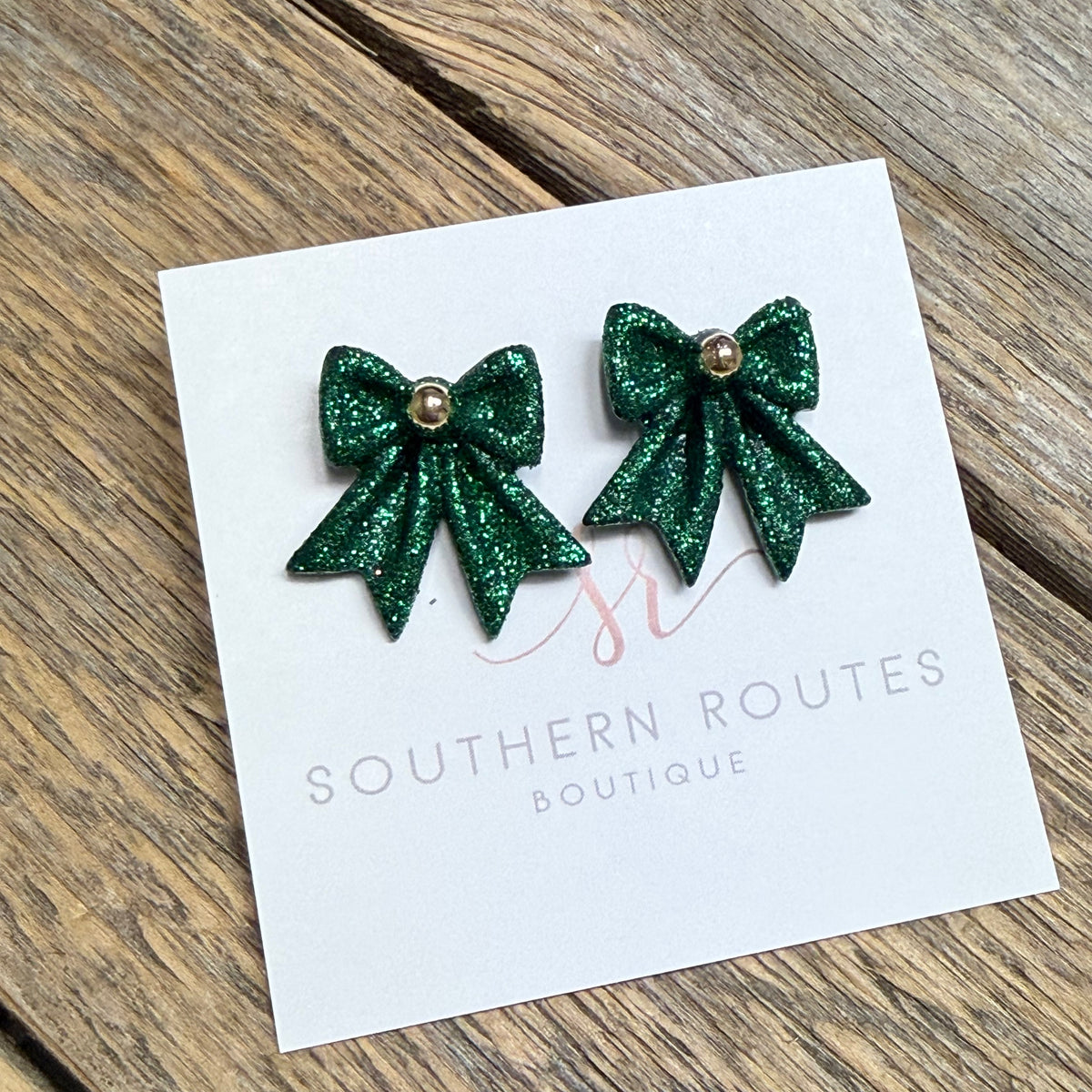 Christmas Glitter Bow Stud Earrings | Green