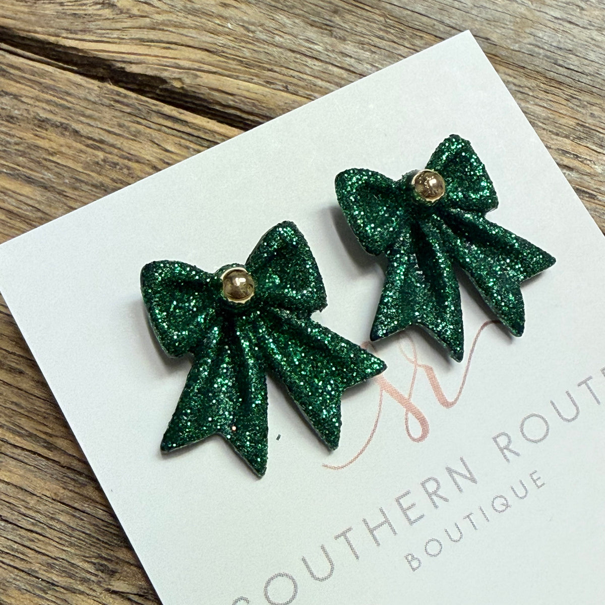 Christmas Glitter Bow Stud Earrings | Green
