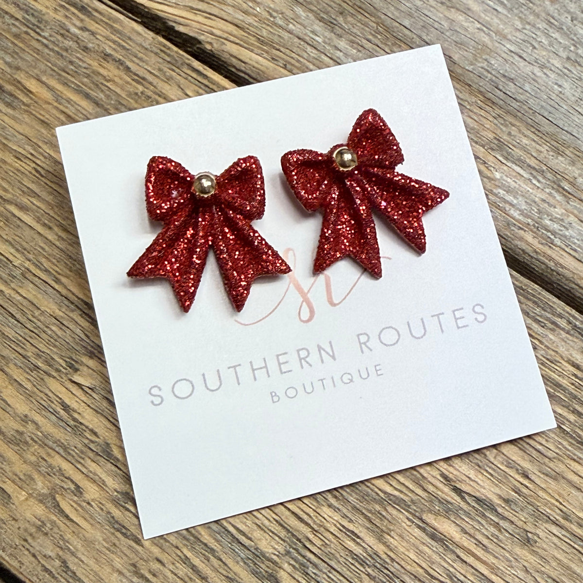 Christmas Glitter Bow Stud Earrings | Red