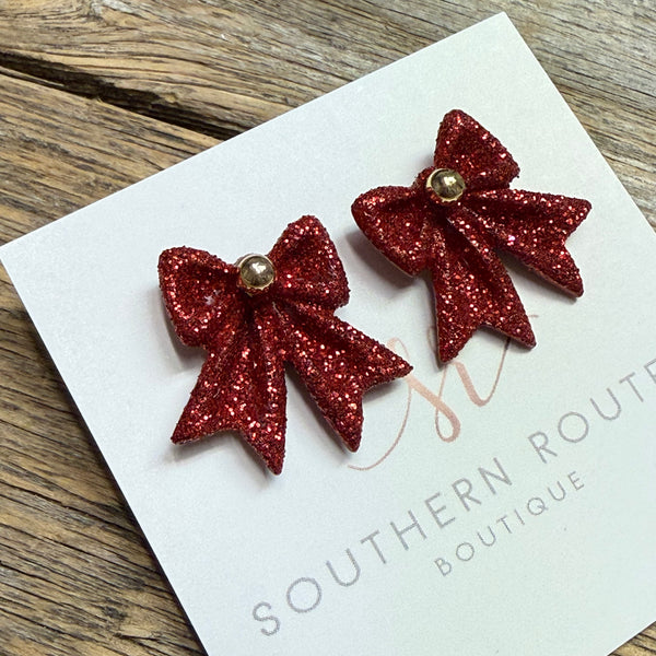 Christmas Glitter Bow Stud Earrings | Red