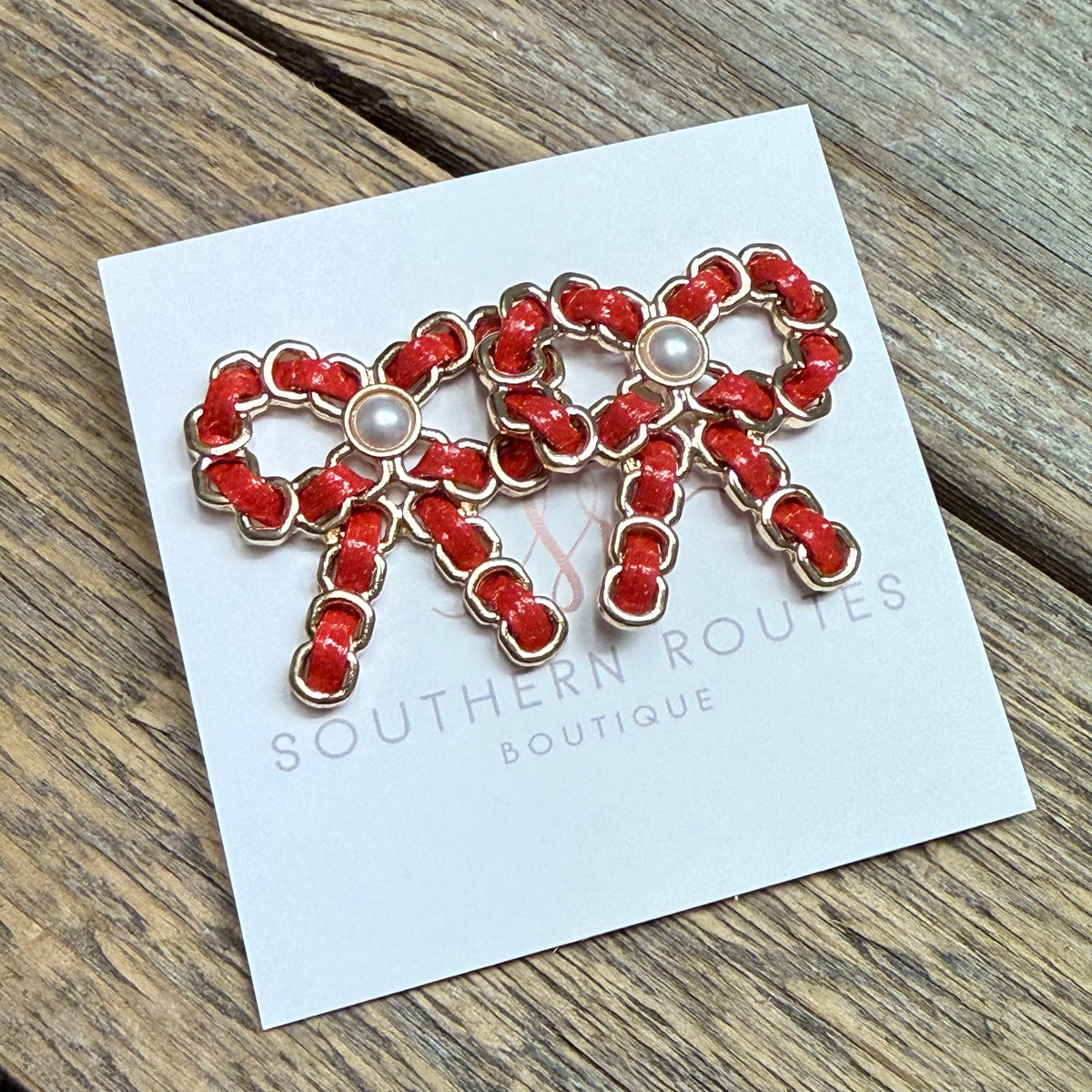 Festive Bow Pearl Stud Earrings | Red