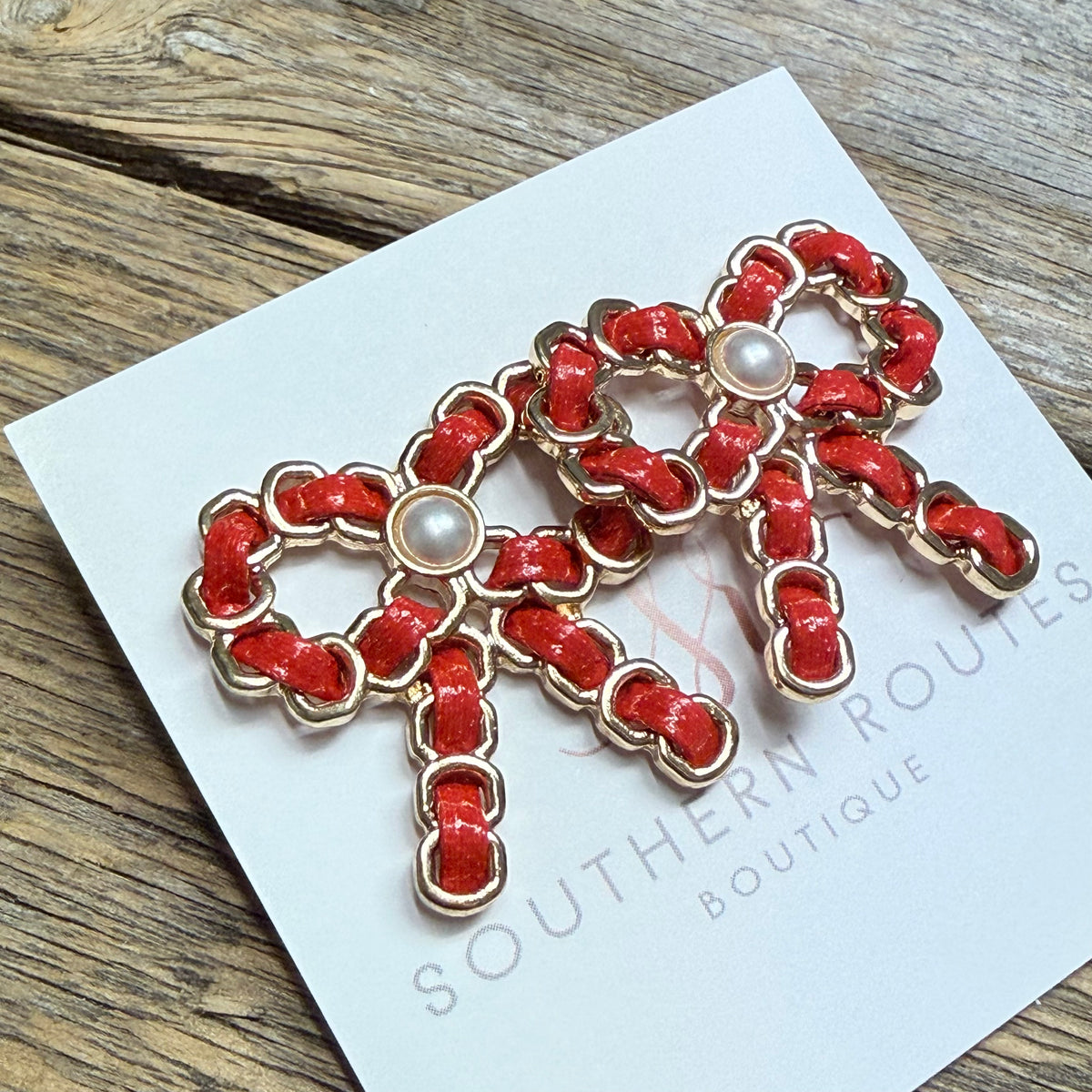 Festive Bow Pearl Stud Earrings | Red