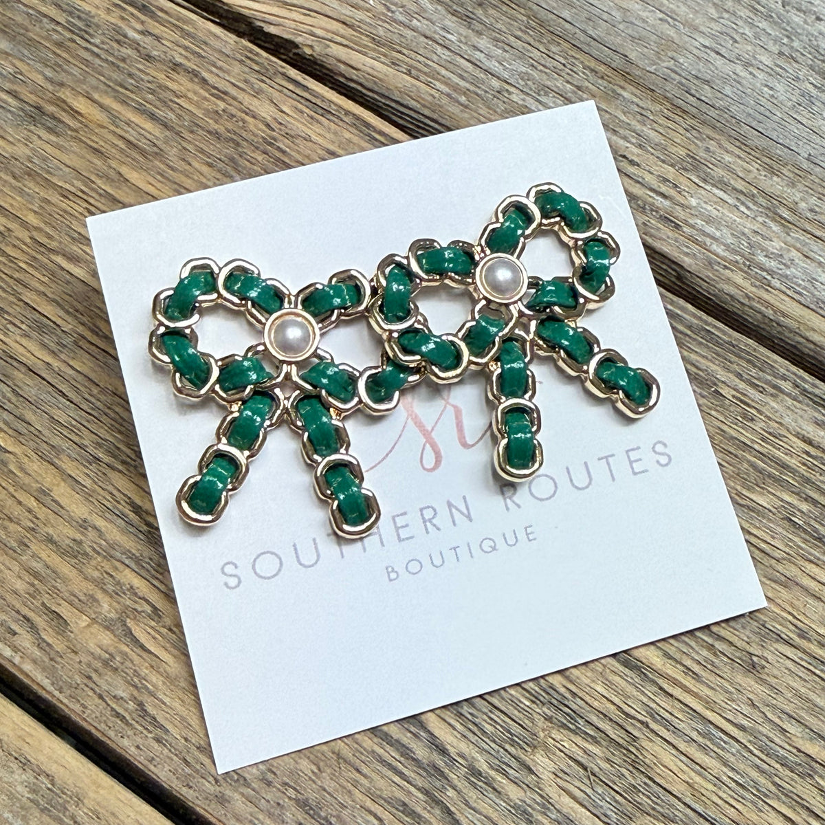 Festive Bow Pearl Stud Earrings | Green
