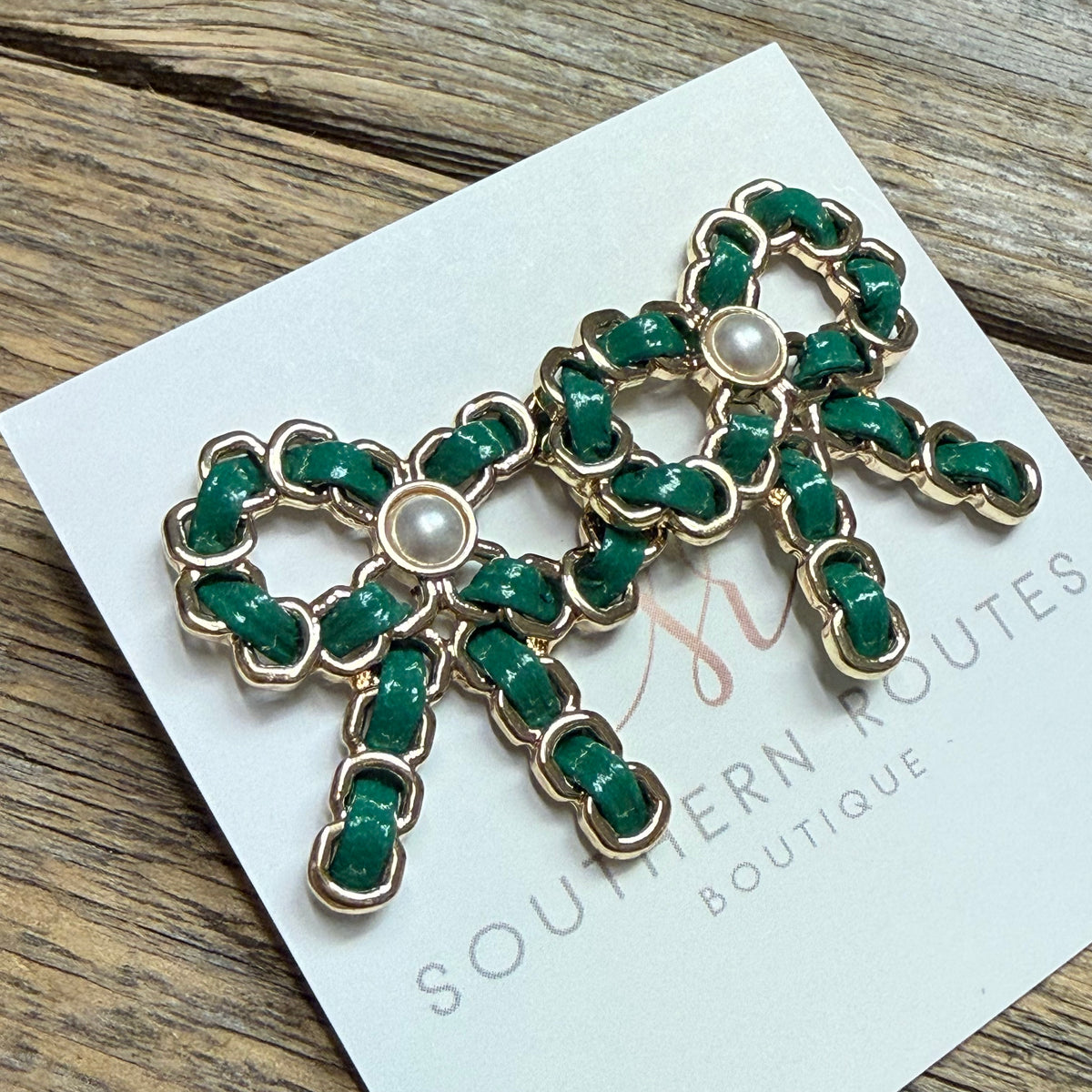 Festive Bow Pearl Stud Earrings | Green