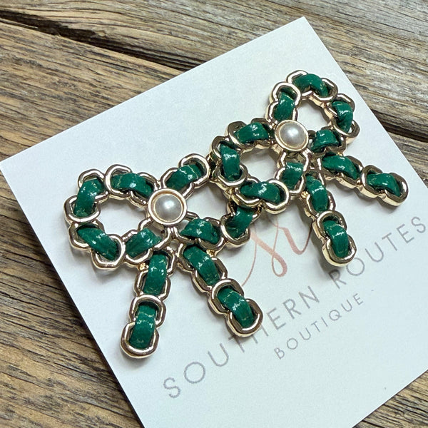 Festive Bow Pearl Stud Earrings | Green