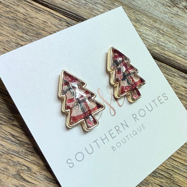 Christmas Tree Plaid Stud Earrings | Gold