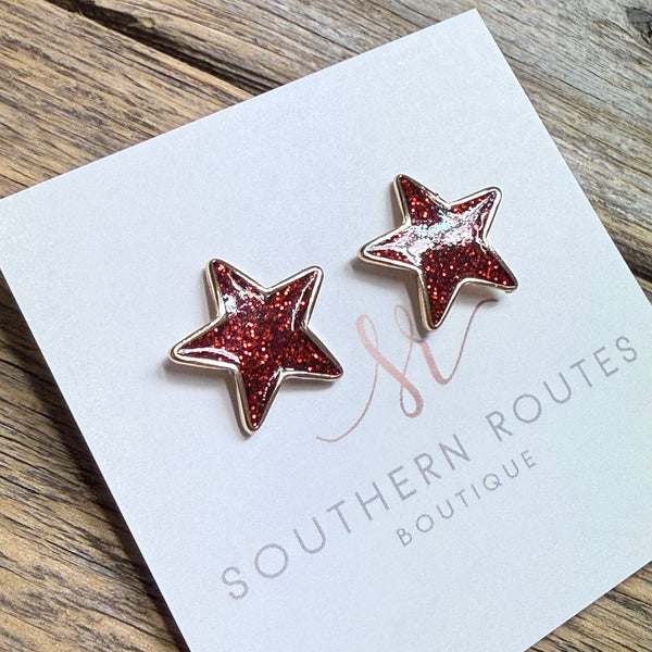Festive Glitter Star Stud Earrings | Red