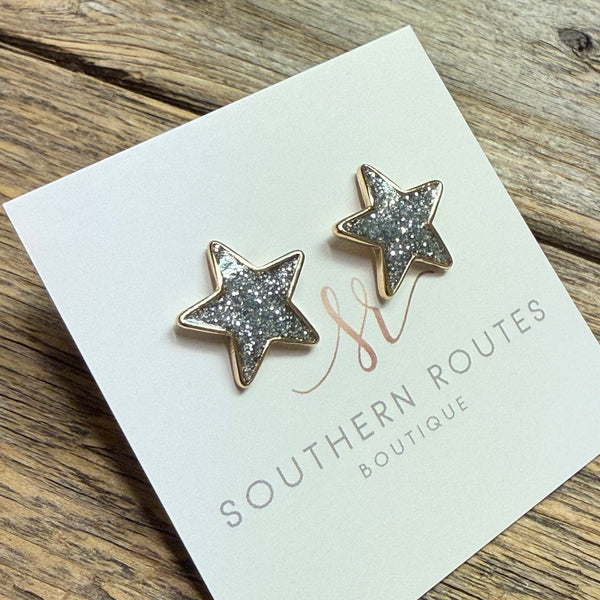 Festive Glitter Star Stud Earrings | Silver