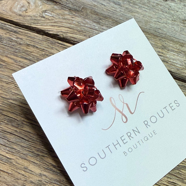 Christmas Wrapping Bow Stud Earrings | Red