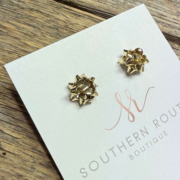 Christmas Wrapping Bow Stud Earrings | Gold