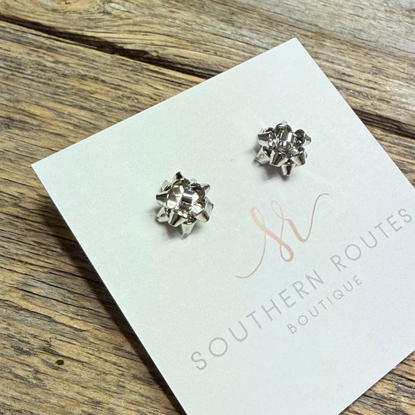 Christmas Wrapping Bow Stud Earrings | Silver