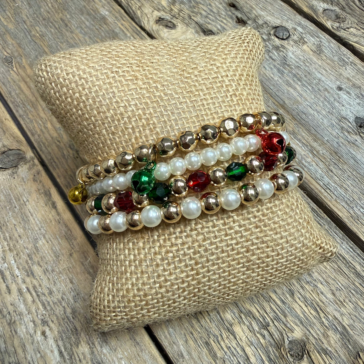 Jingle Bell Pearl Beaded Stretch Bracelet Set | Dark Red/Green
