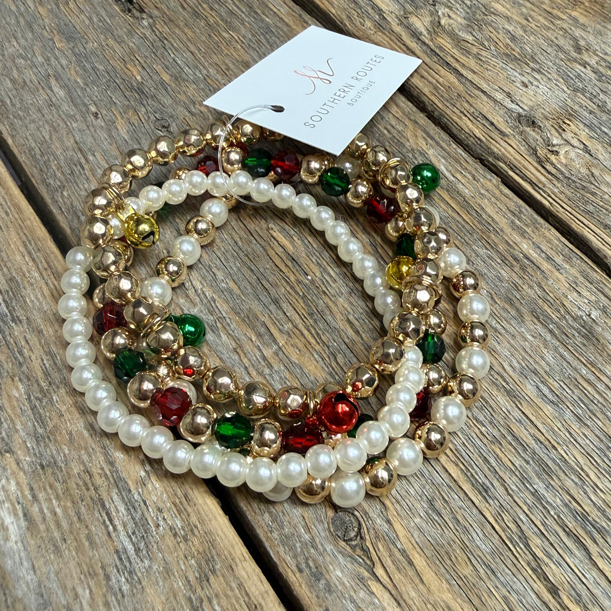 Jingle Bell Pearl Beaded Stretch Bracelet Set | Dark Red/Green