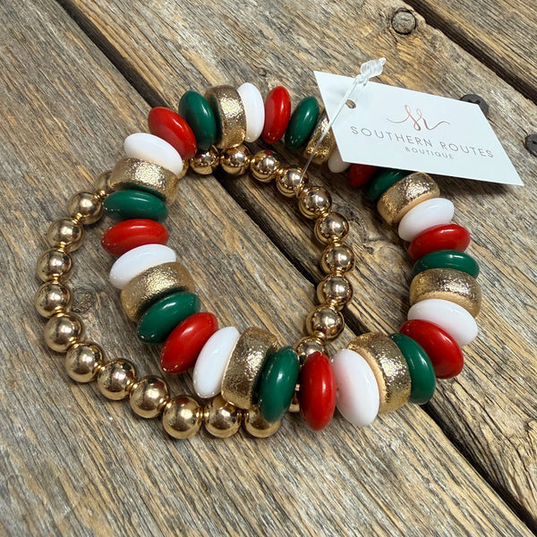 Christmas Chunky Stretch Bracelet Set | Red/White/Green