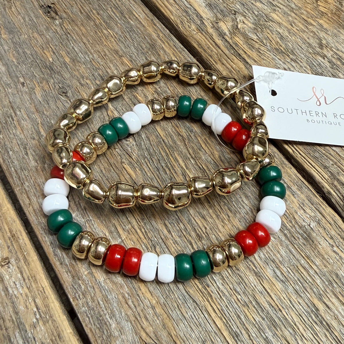 Christmas Beaded Stretch Bracelet Set | Red/White/Green
