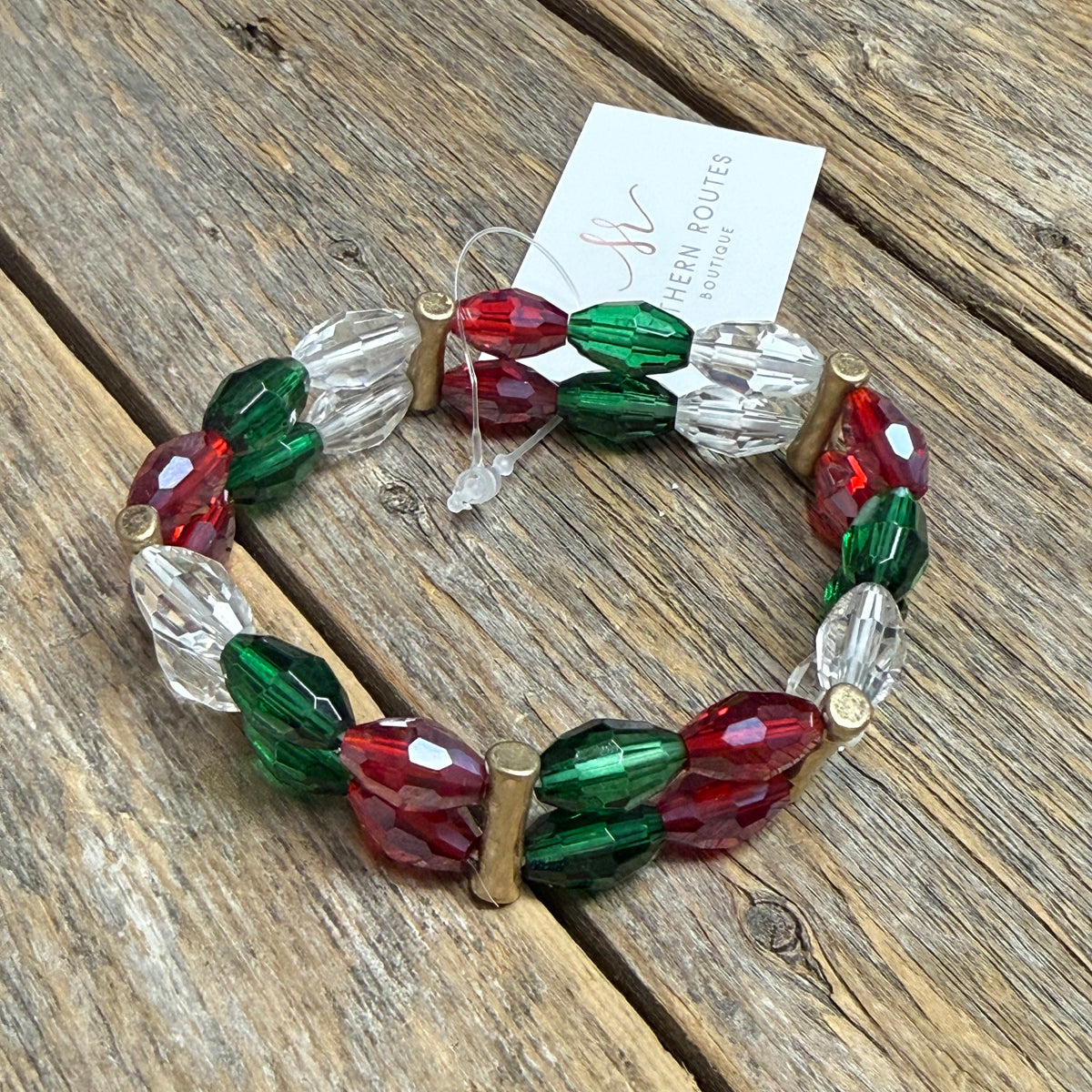 Festive Stretch Bracelet | Green/Cranberry/Clear