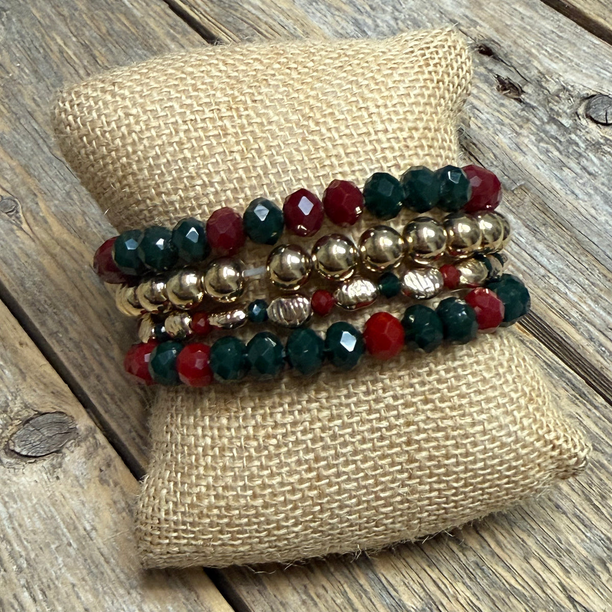 Christmas Beaded Stretch Bracelet Set | Dark Red/Green