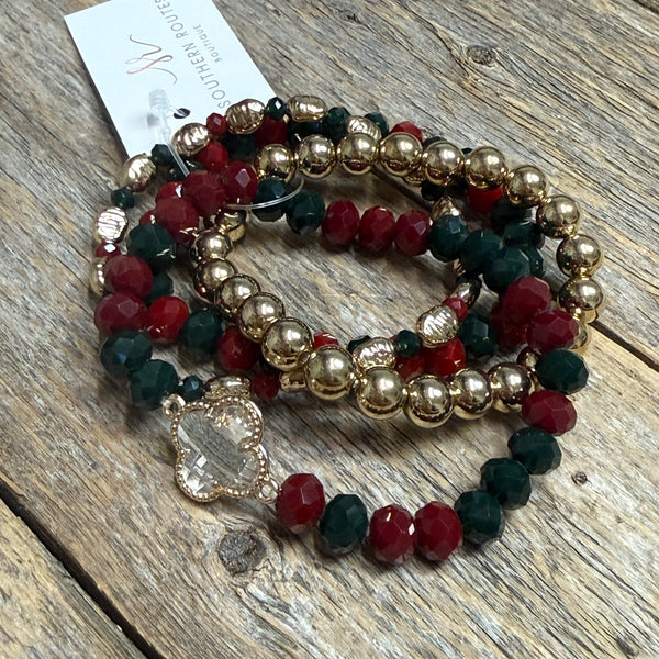 Christmas Beaded Stretch Bracelet Set | Dark Red/Green