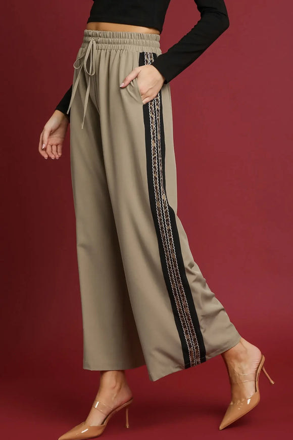 Leopard Trim Wide Leg Pants | Taupe