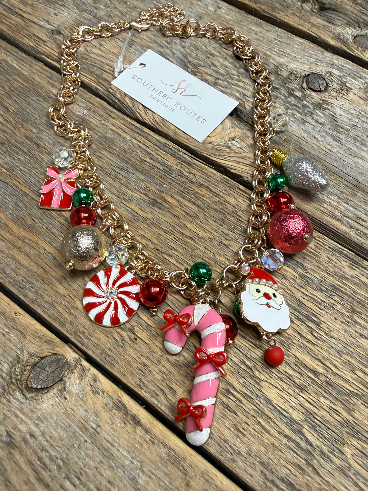 Santa Candy Cane Charm Chain Necklace | Gold