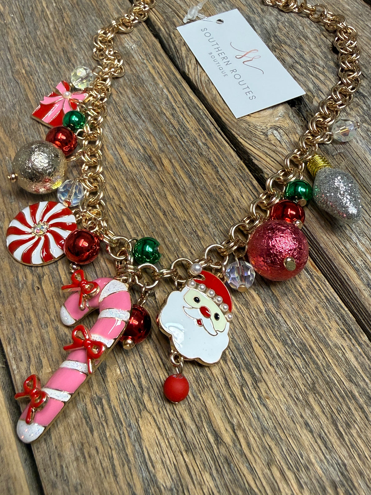 Santa Candy Cane Charm Chain Necklace | Gold