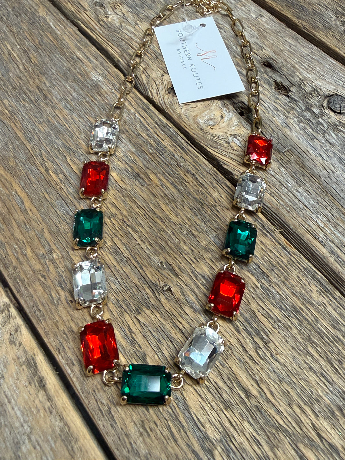 Festive Crystal Gem Necklace | Green/Red/Clear