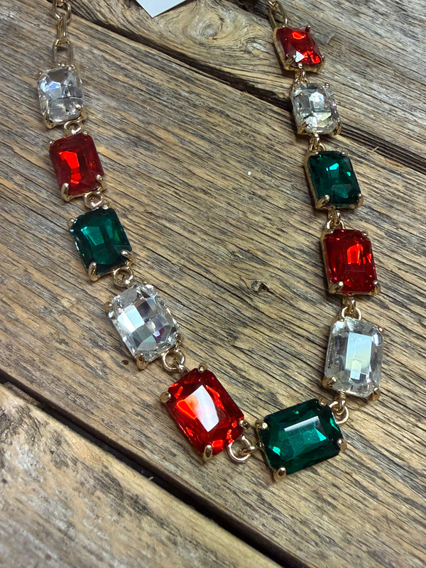 Festive Crystal Gem Necklace | Green/Red/Clear