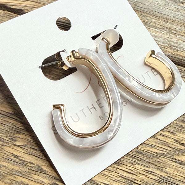 Acetate and Metallic Oval Hoop Earrings | White