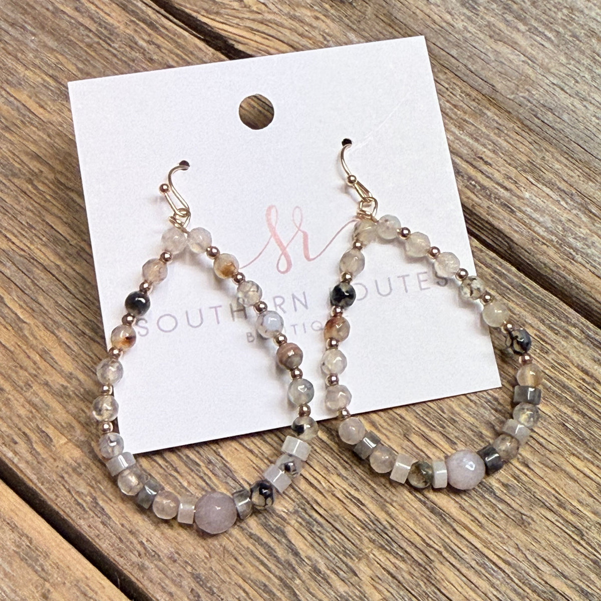 Natural Stone Beaded Teardrop Earrings | Grey Mix
