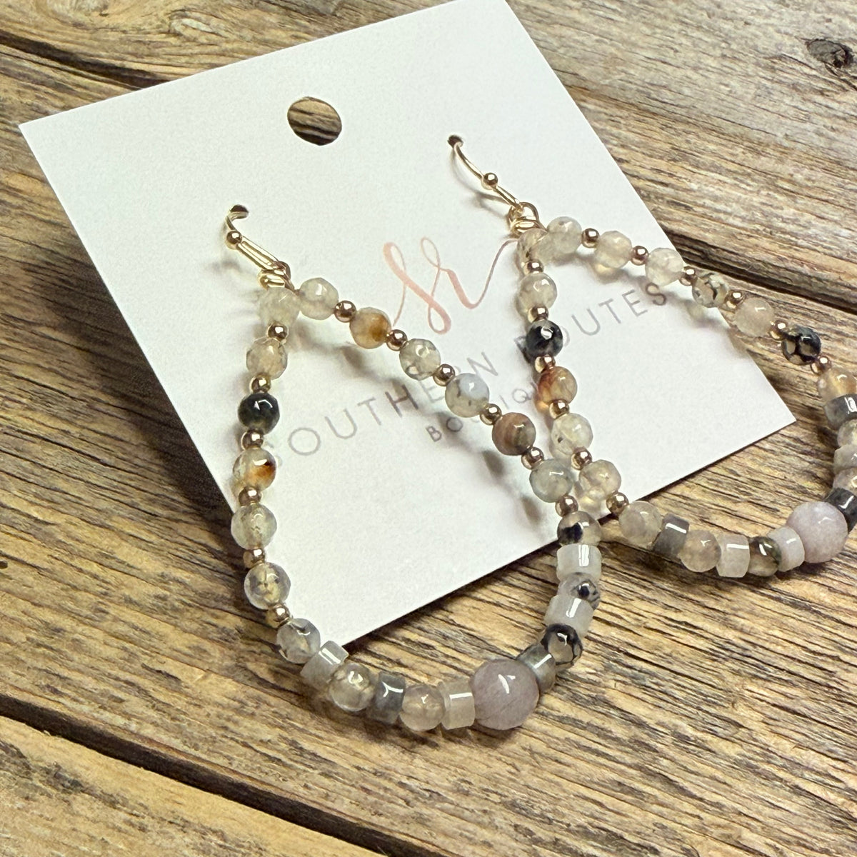 Natural Stone Beaded Teardrop Earrings | Grey Mix