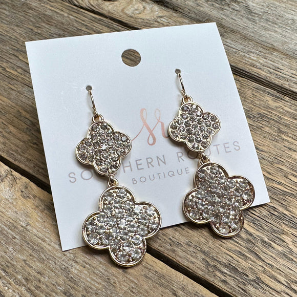 Crystal Double Quatrefoil Earrings | Clear+Gold